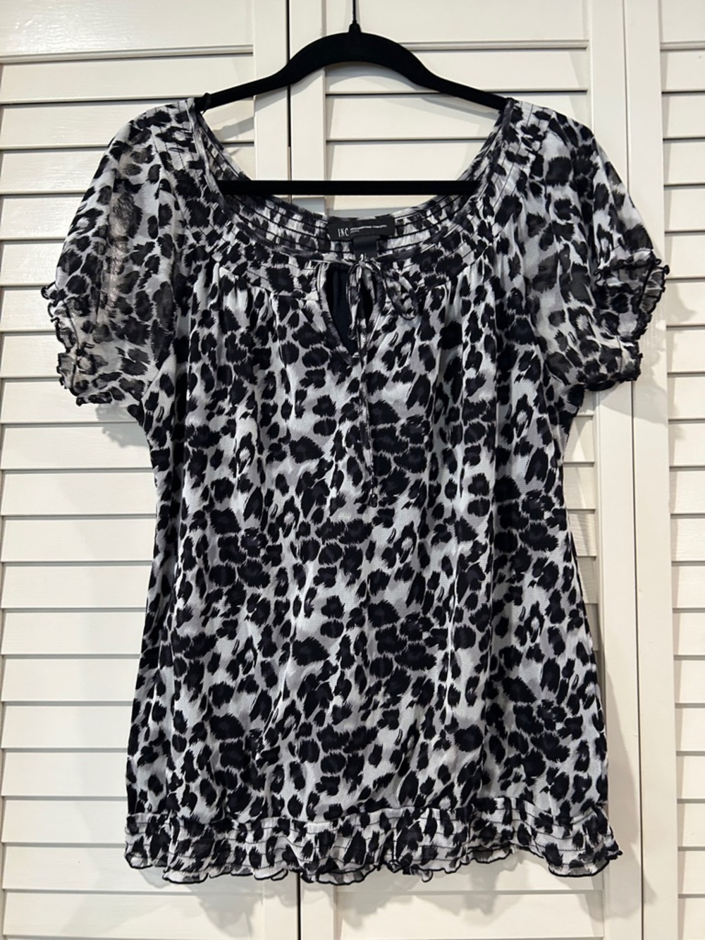INC International Concepts Black and White Leopard Print Top Petite Large